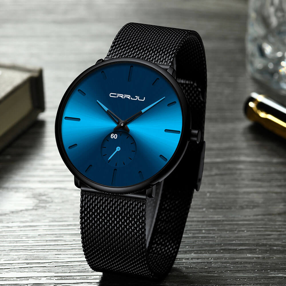 Montre pour Homme en Acier Noir et Bleu Minimaliste 7