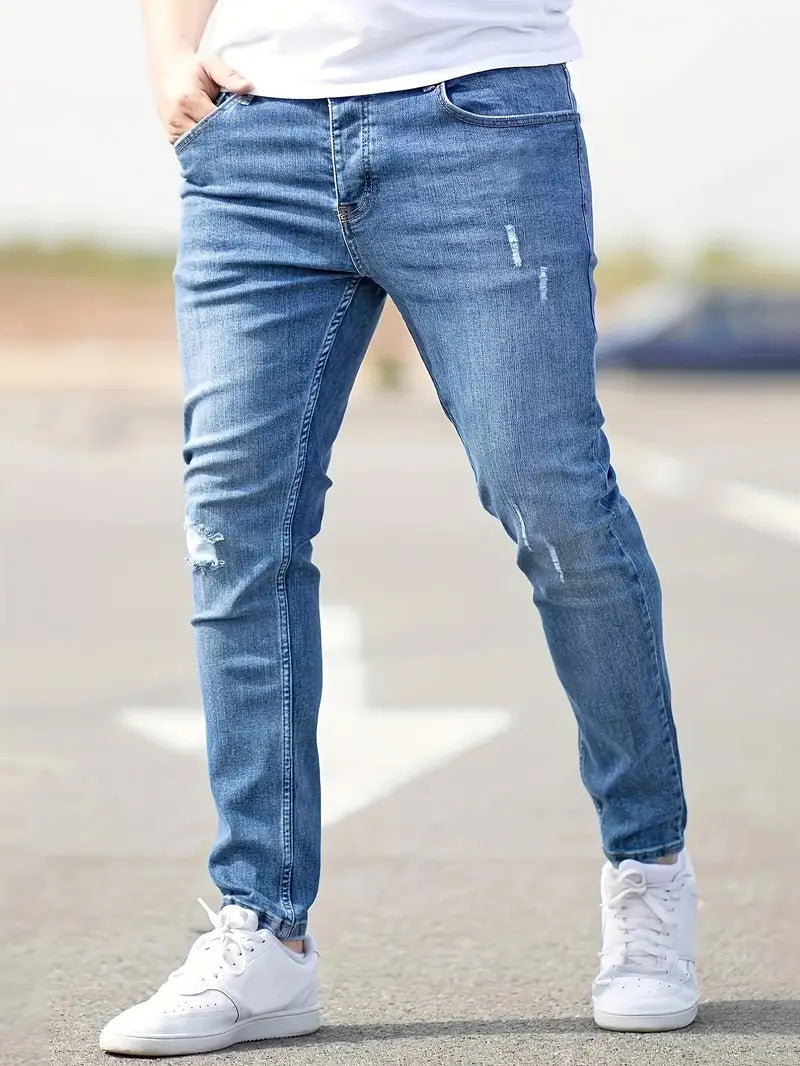 Jean Homme Déchiré Moderne en Denim Ajusté