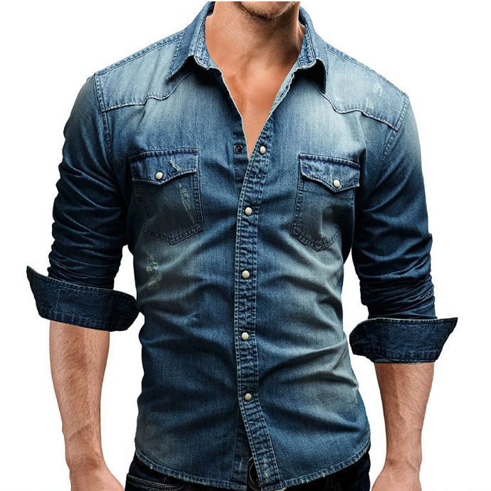 Chemise en Denim Retro pour Homme à Poches Boutonnées