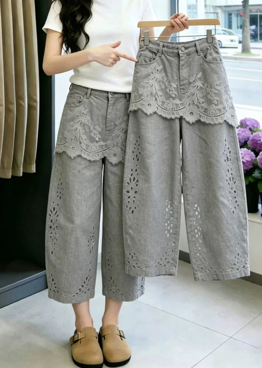 Pantalon Femme Court Moderne avec Détails en Dentelle et Poches 4