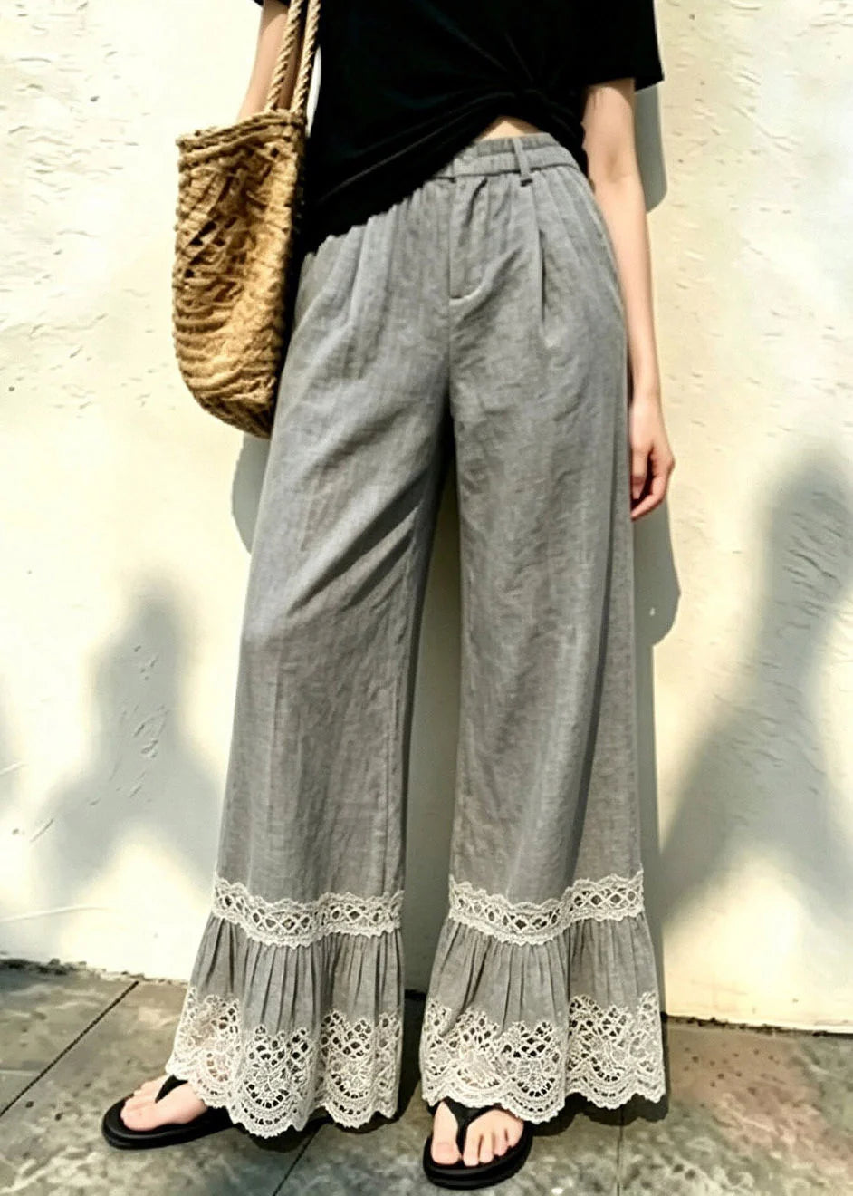 Pantalon Femme Décontracté Taille Élastique Jambes Larges 4