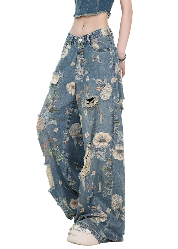 Pantalon Femme Denim Taille Haute Imprimé Unique Détail Déchiré 0