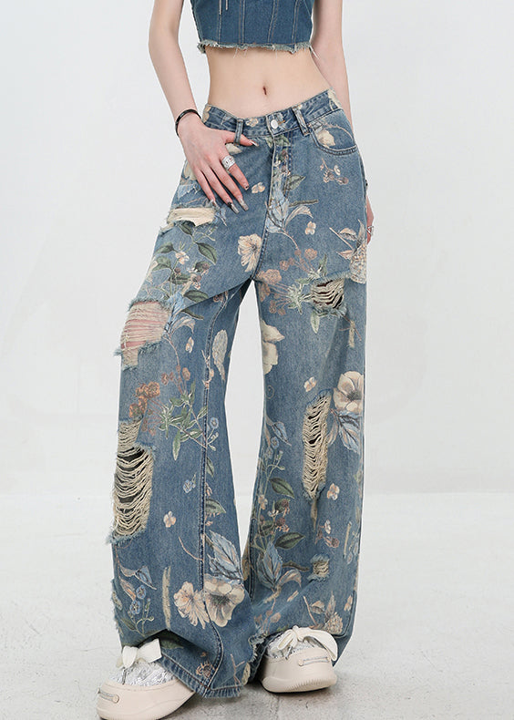Pantalon Femme Denim Taille Haute Imprimé Unique Détail Déchiré 2