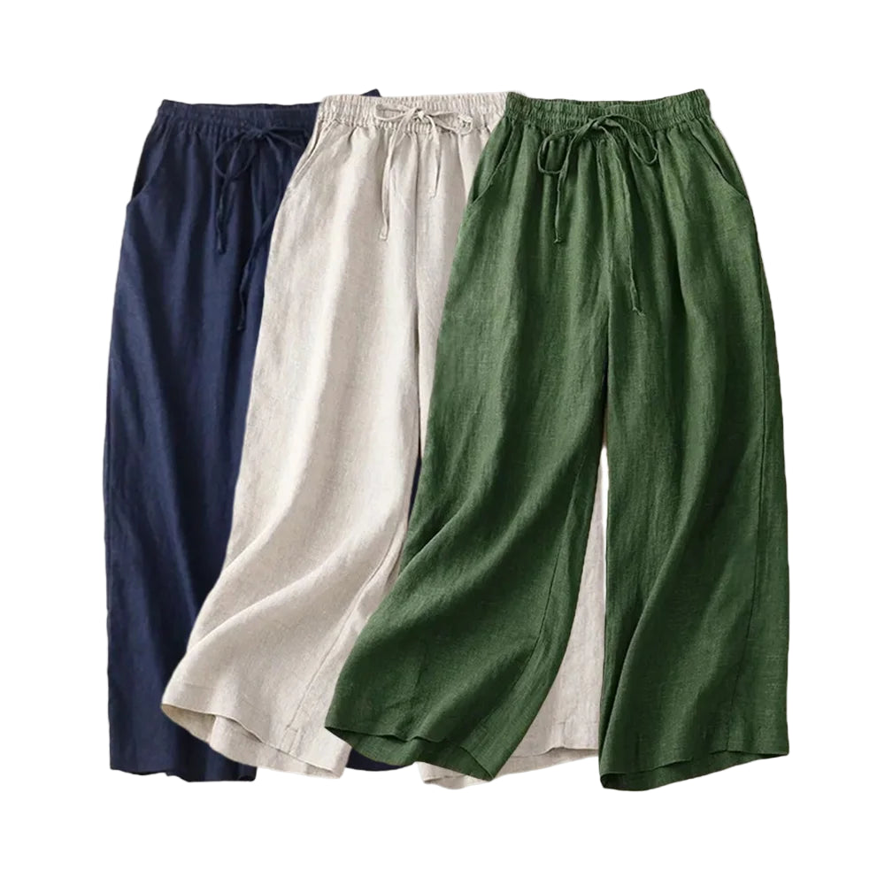 Pantalon Femme Large Taille Haute en Lin Coton Fluide 0