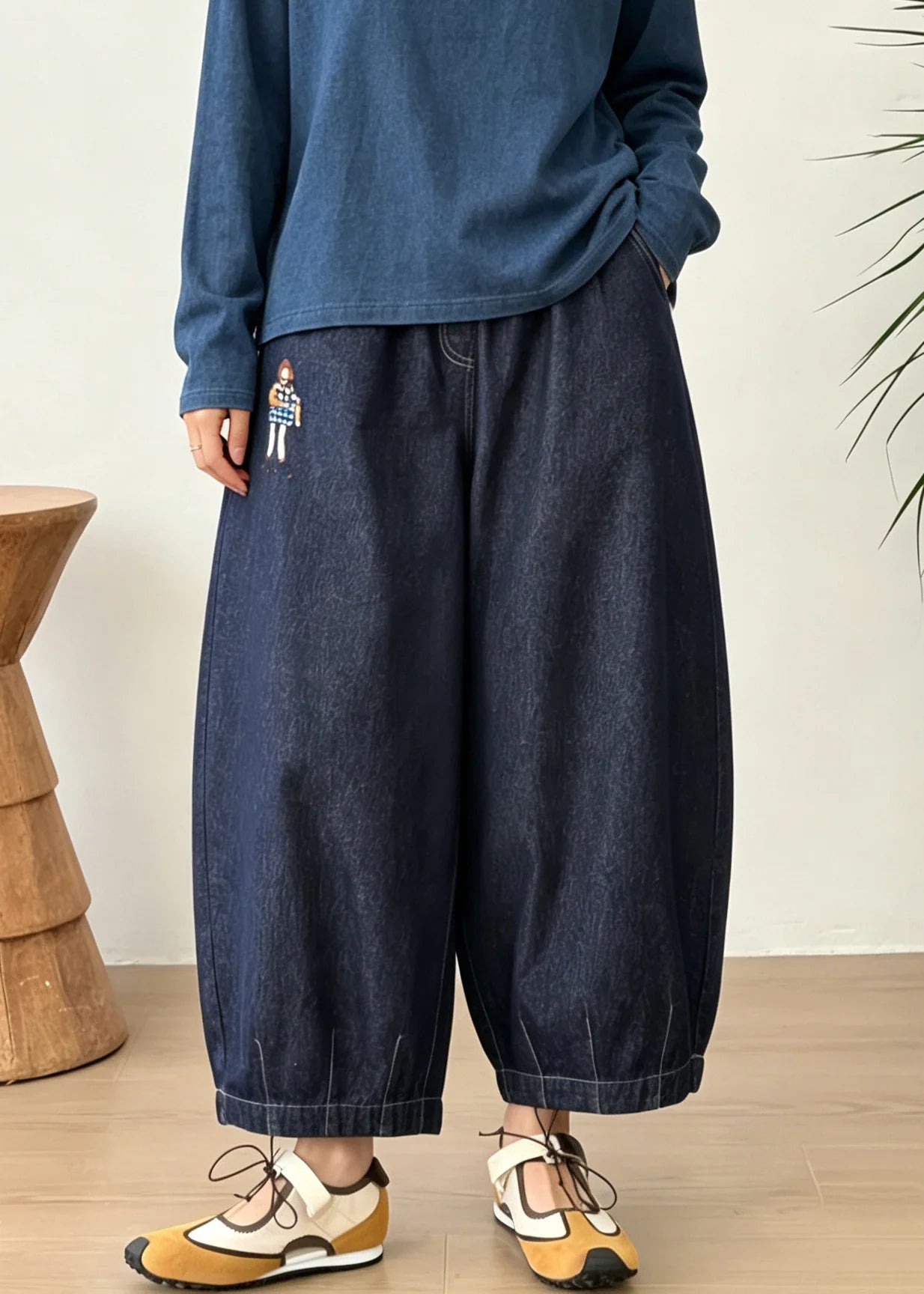Pantalon Femme Style Lanterne Patchwork avec Poches Brodées 3
