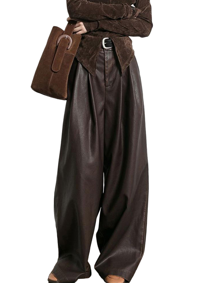 Pantalon Femme Taille Haute en Similicuir avec Poches 0