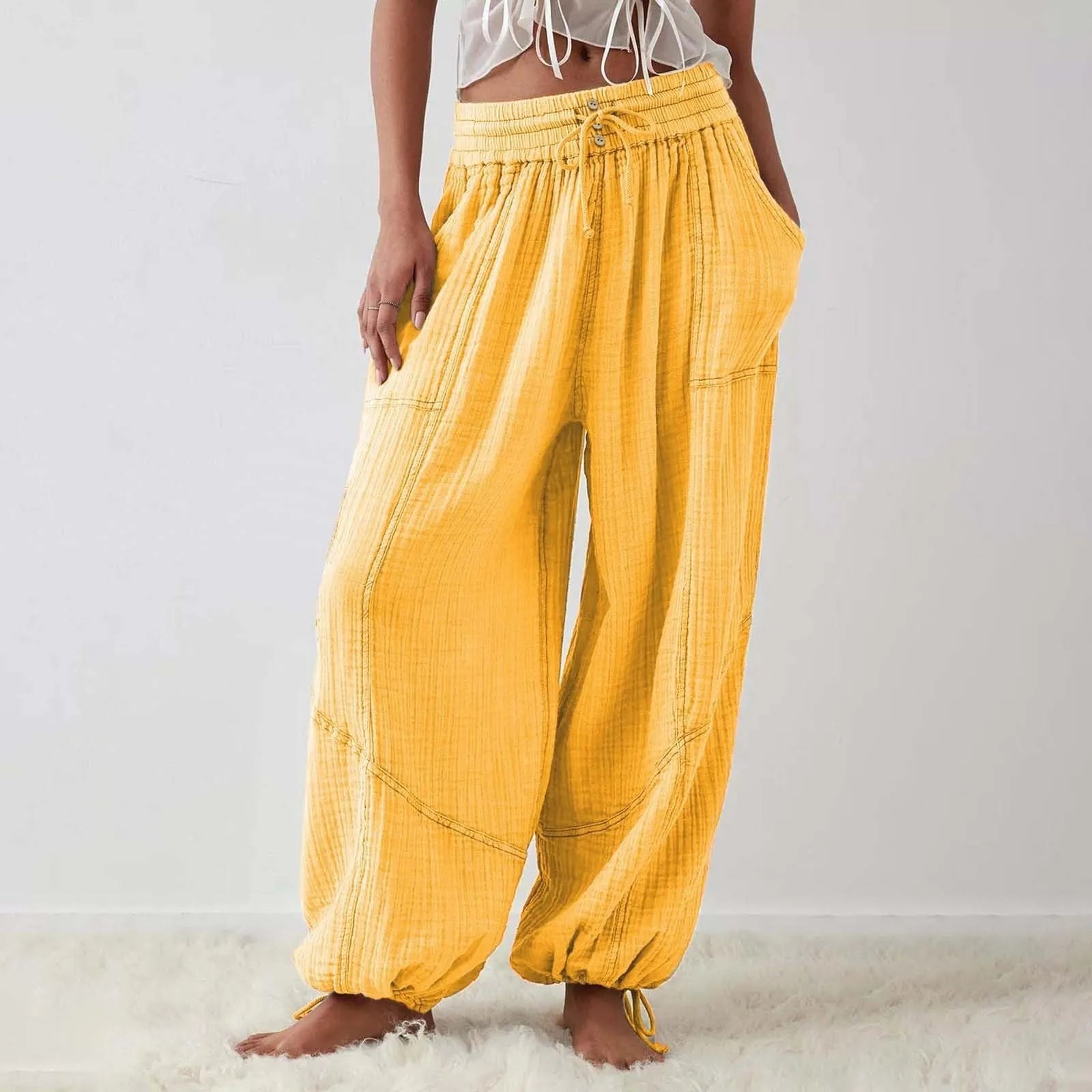 Pantalon Fluide Femme Taille Élastique Cordon de Serrage Polyester Spandex Coton 11