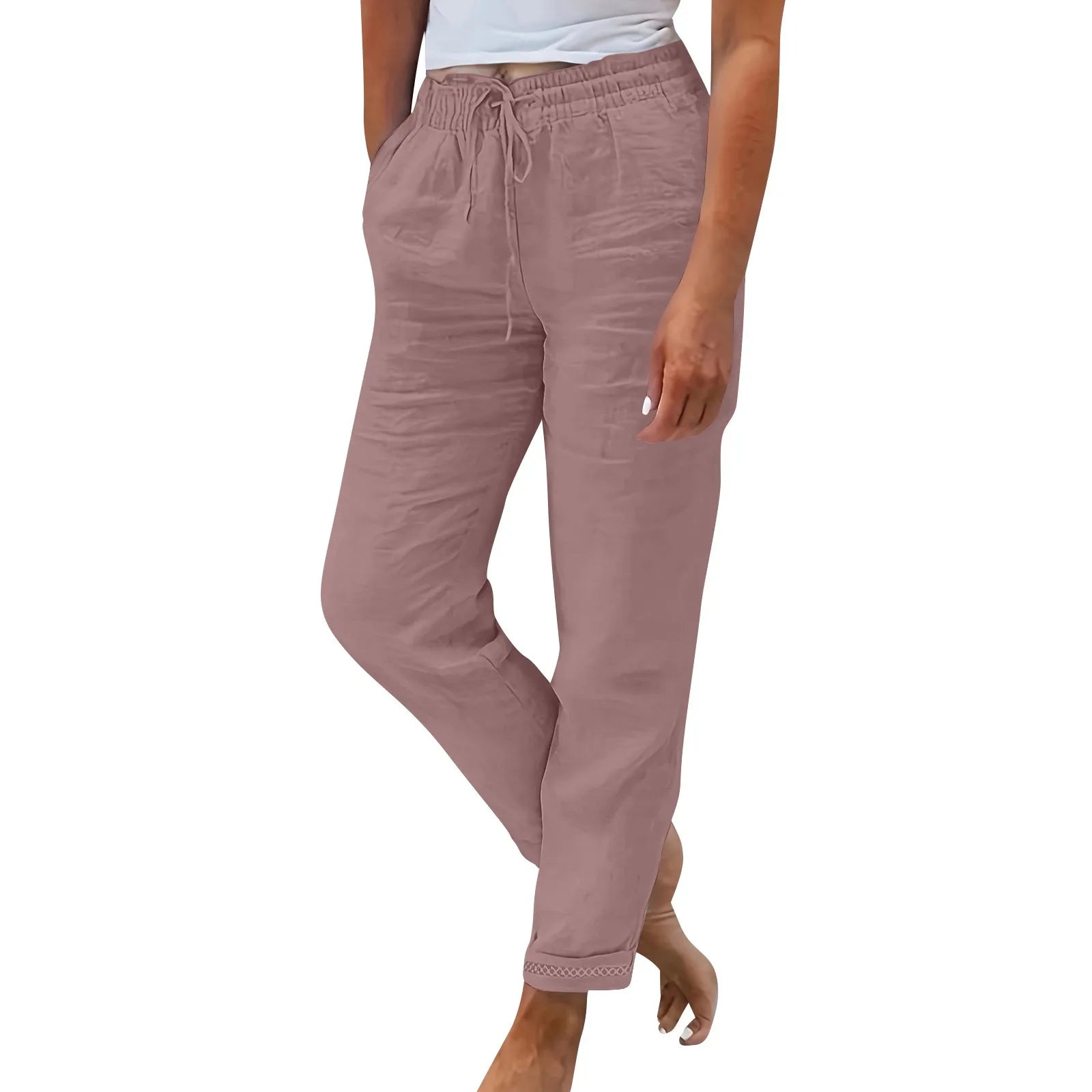 Pantalon Fluide Femme Taille Élastique Coton Lin 1