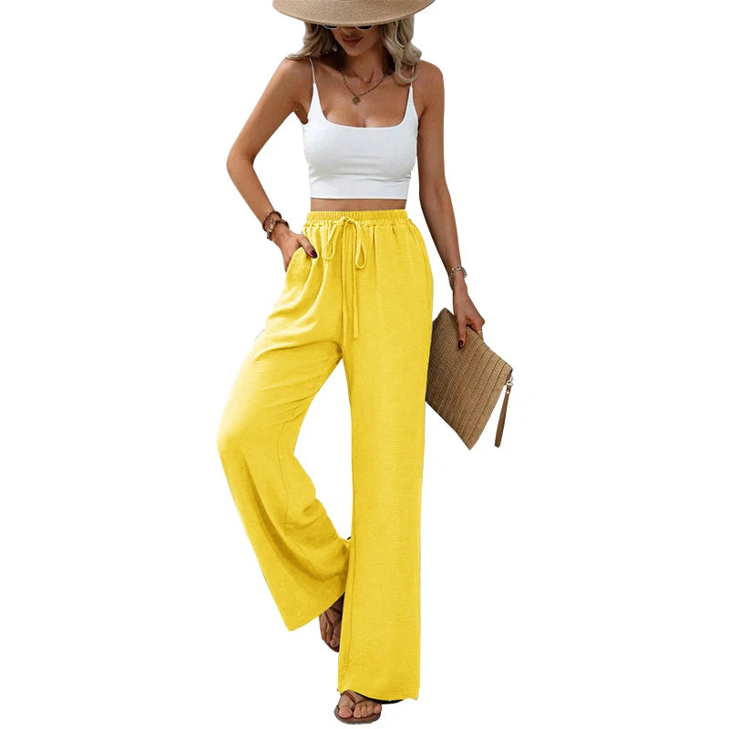 Pantalon Fluide Femme Taille Élastique avec Poches et Nœud en Mélange de Tissus Doux 10