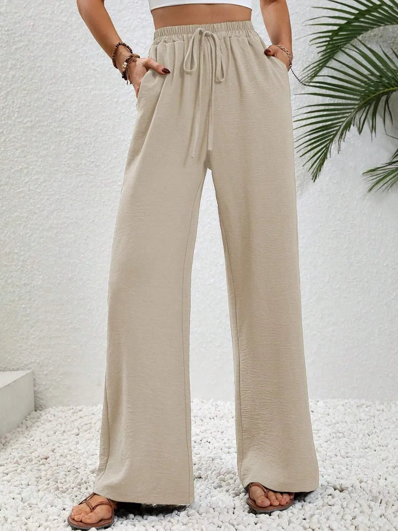 Pantalon Fluide Femme Taille Élastique avec Poches et Nœud en Mélange de Tissus Doux 2
