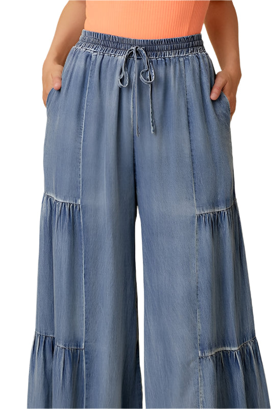 Pantalon Large à Volants en Denim Lavé pour Femme 0