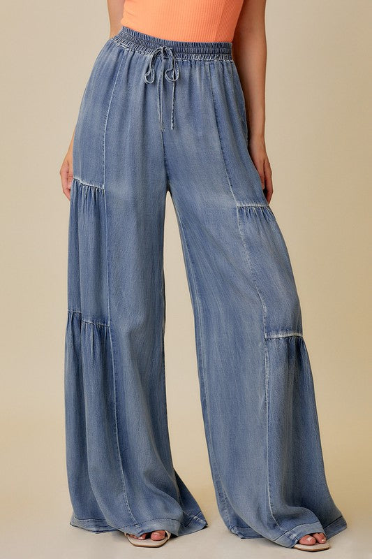 Pantalon Large à Volants en Denim Lavé pour Femme 1