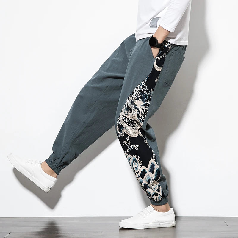 Pantalon Sarouel Décontracté avec Motif Japonais 1