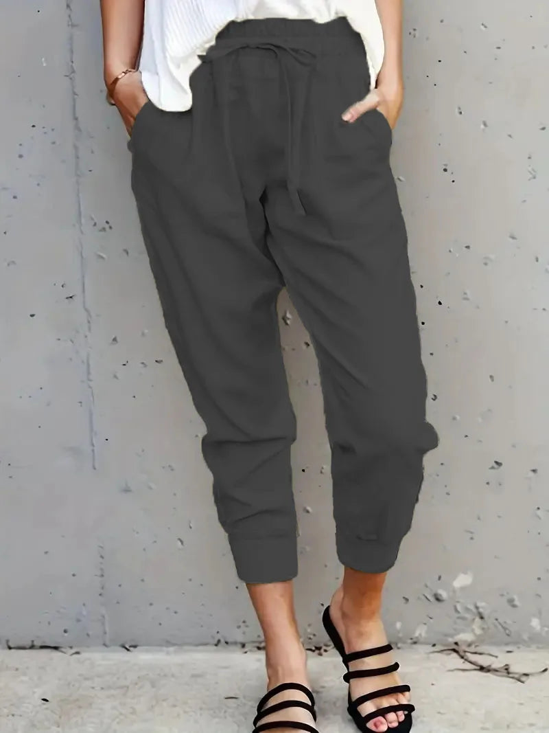 Pantalon Slim Femme Taille Haute en Couleur Unie avec Lacets 6