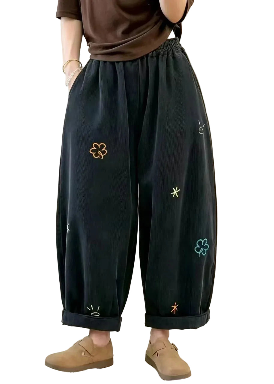 Pantalon bouffant court vintage pour femme avec poches brodées 0