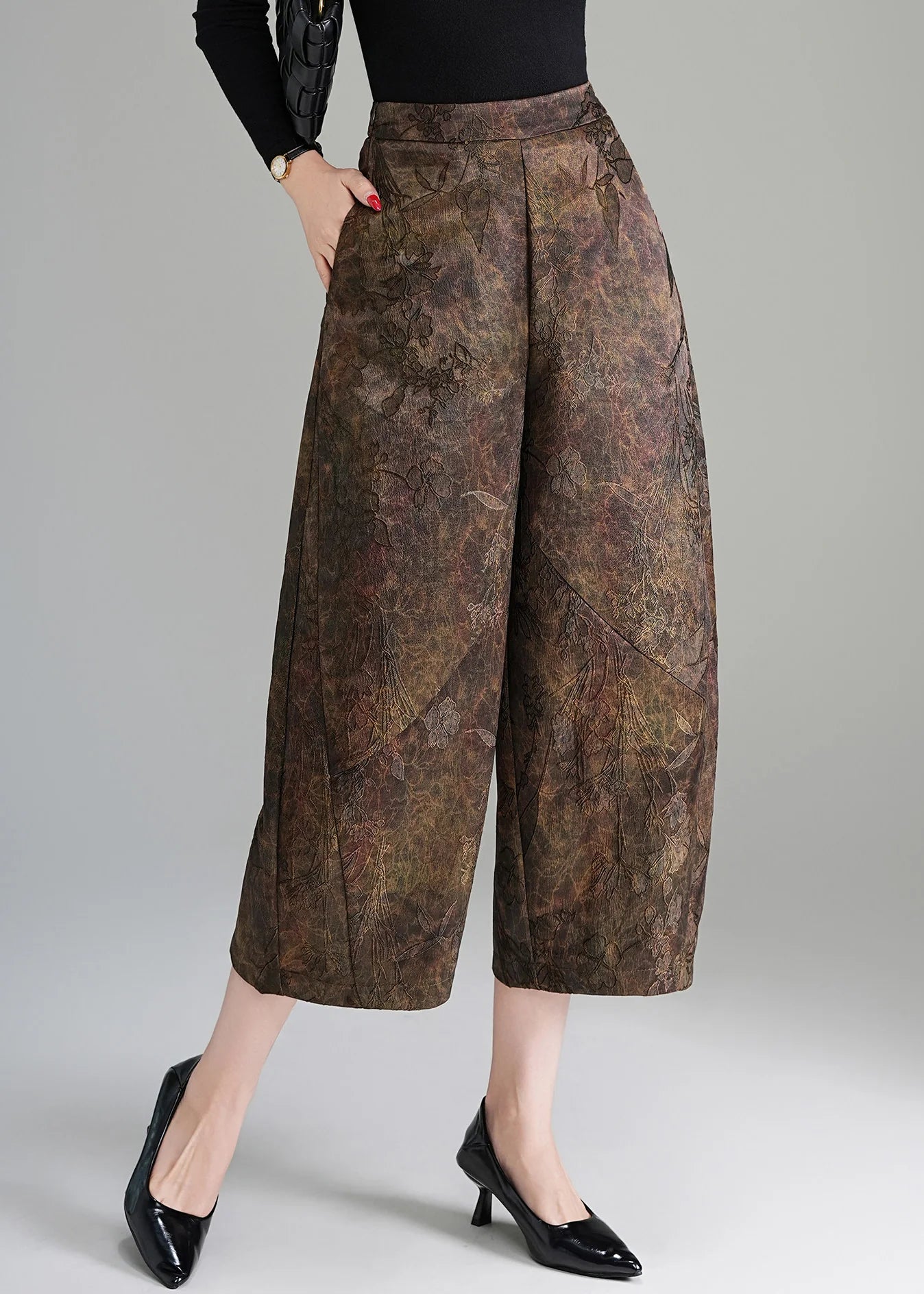 Pantalon court femme taille haute jambes larges style vintage 2