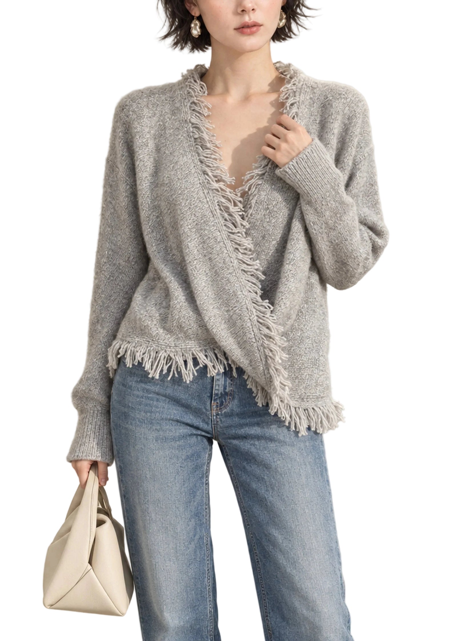 Pull Femme Asymétrique à Col V avec Pompons 0