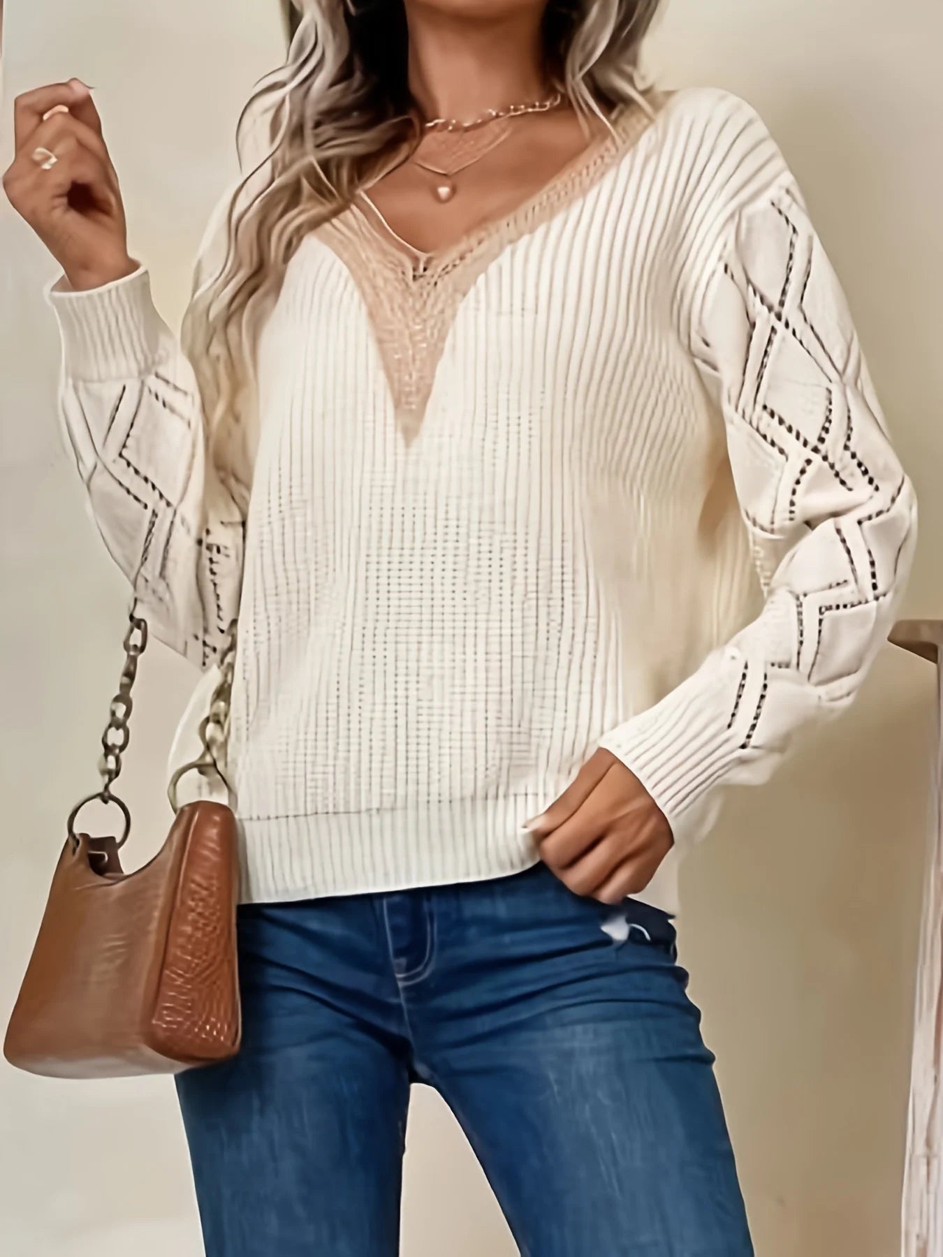 Pull Femme Col En V Ajouré Chic 2