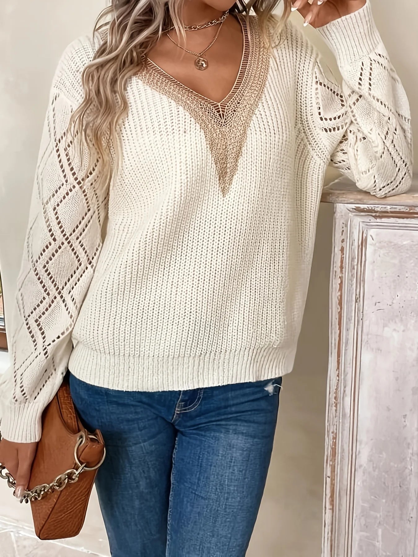 Pull Femme Col En V Ajouré Chic 3
