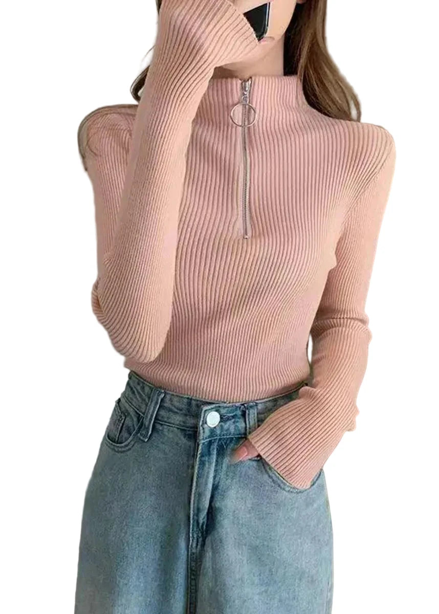 Pull Femme Col Montant Ajusté avec Fermeture Éclair Automne 0