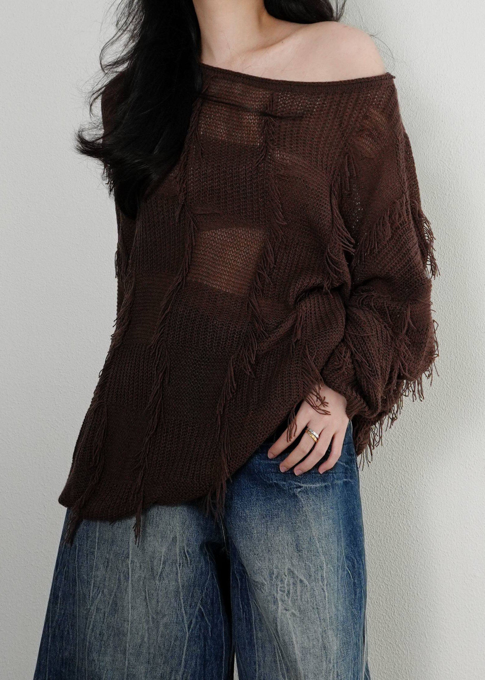 Pull Femme Col Rond Asymétrique avec Pompons Style Patchwork 2