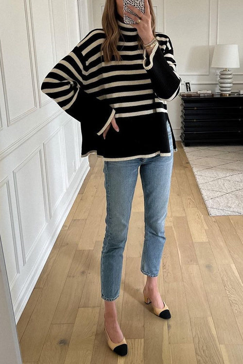 Pull Femme Col Roulé Rayé avec Fente Sur le Côté 3