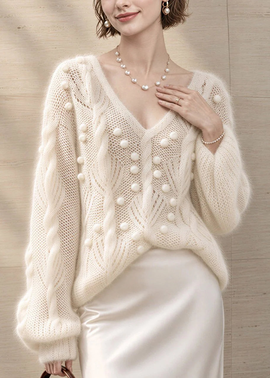 Pull Femme Col V Patchwork avec Pompons Style Automnal 2