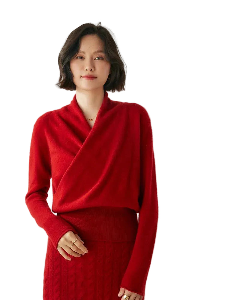Pull Femme Col en V Drapé à Manches Longues 0