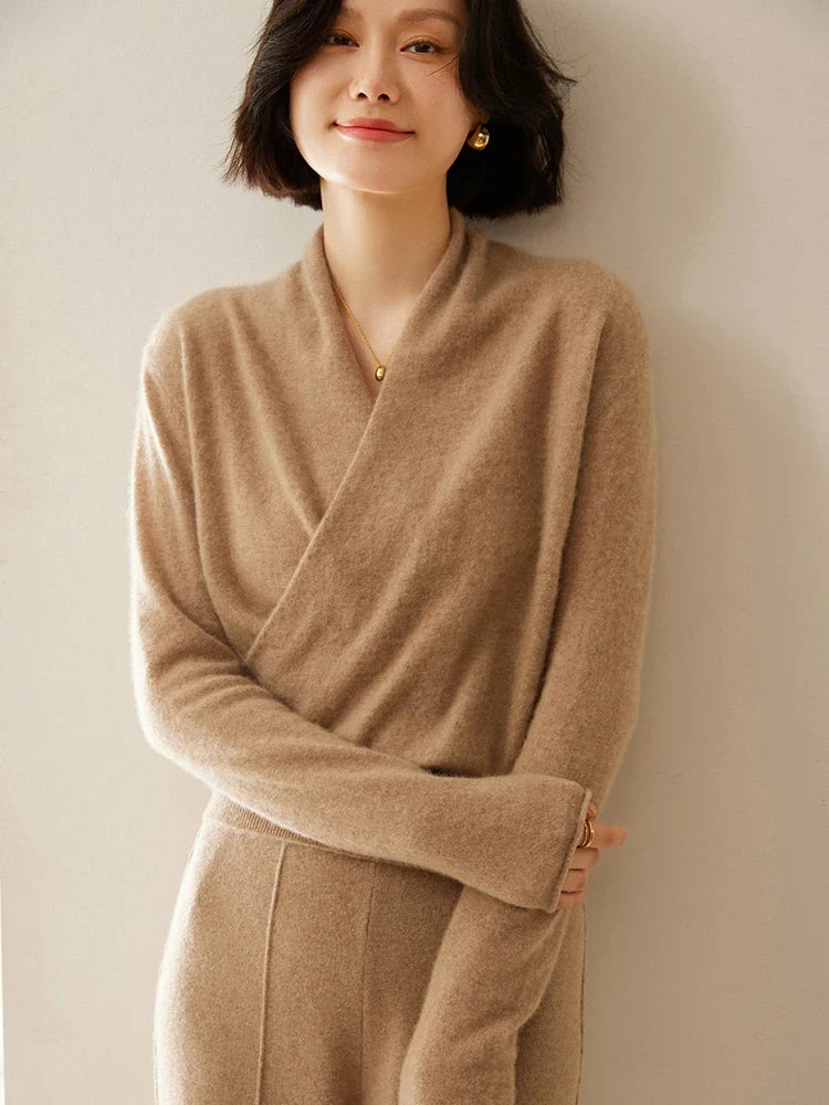 Pull Femme Col en V Drapé à Manches Longues 10