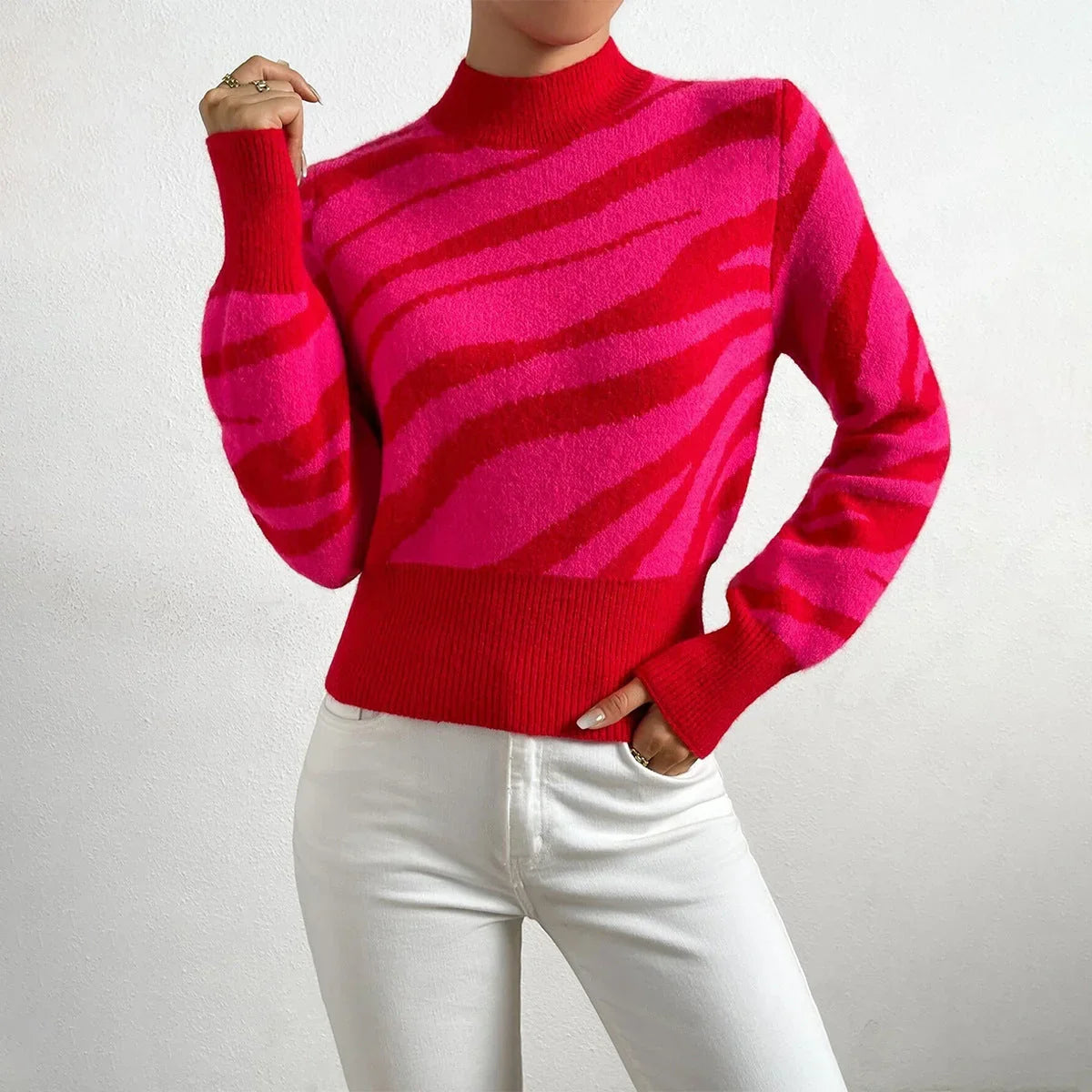 Pull Femme Tricoté Motif Zèbre Col Semi-Haut 1