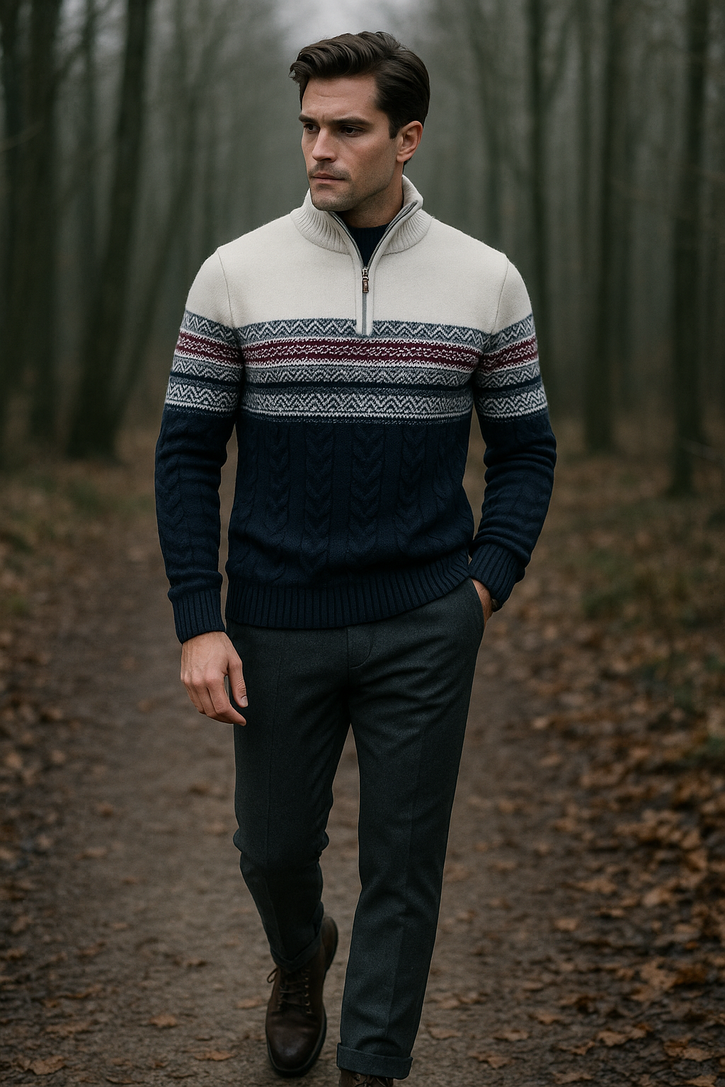 Pull Homme Col Zippé Quart Motif Norvégien Tissu Mélangé Doux 1