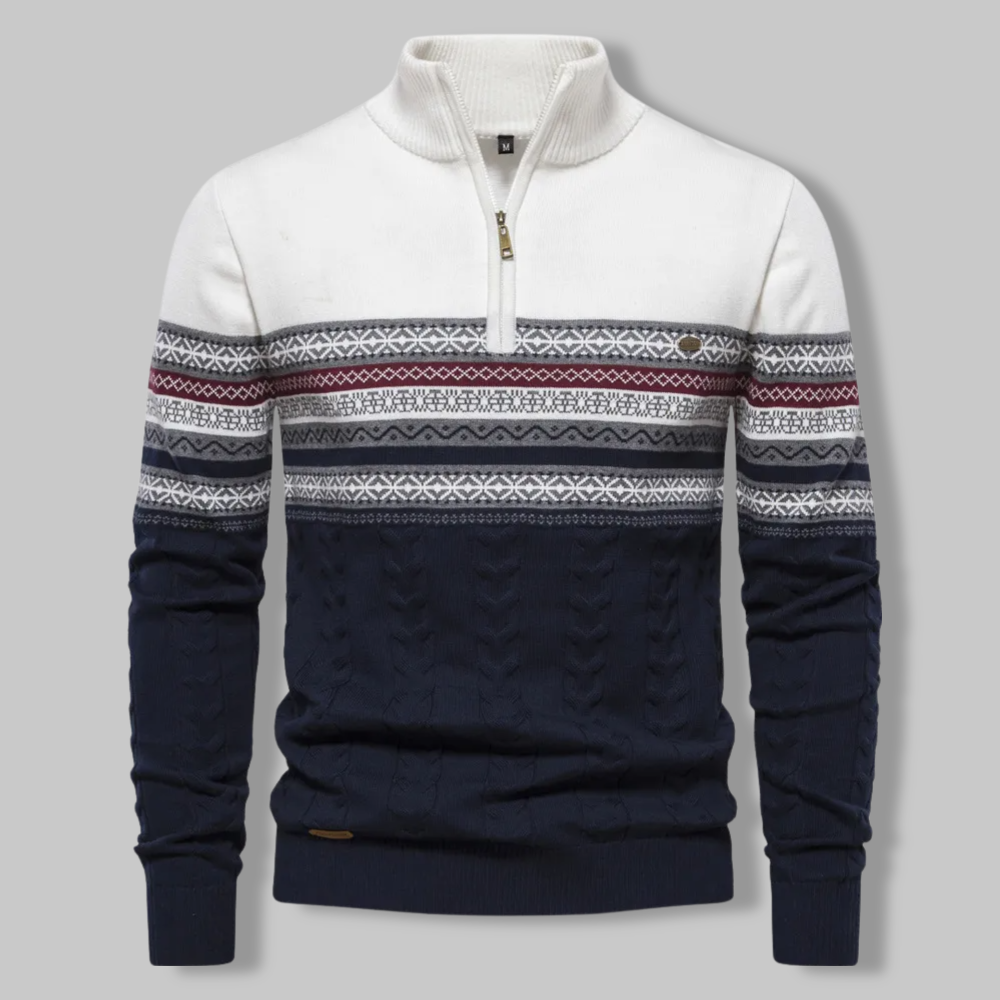 Pull Homme Col Zippé Quart Motif Norvégien Tissu Mélangé Doux 2