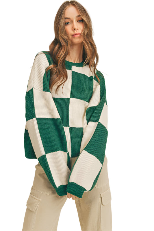 Pull à Carreaux Oversize pour Femme en Vert 0