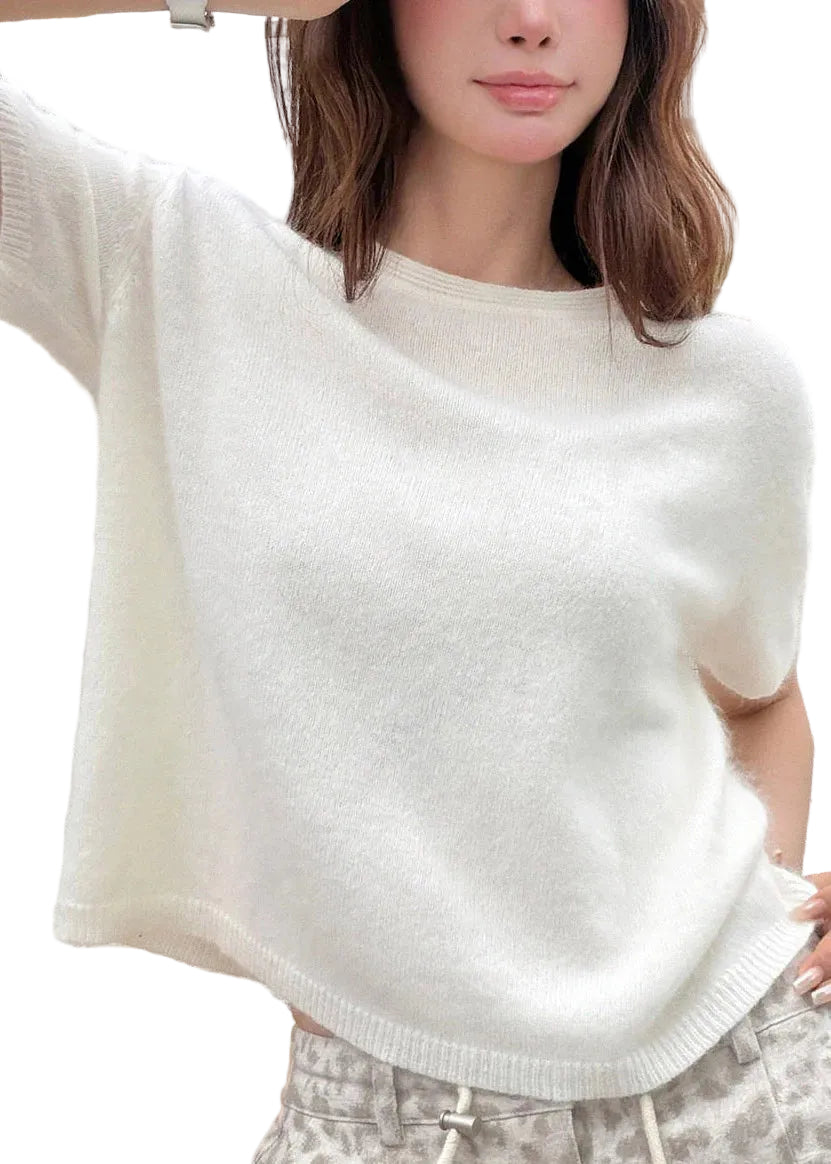 Pull court femme col rond manches courtes maille unie 0