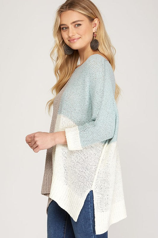 Pull en Maille Color Block pour Femme en Gris et Bleu Ciel 1