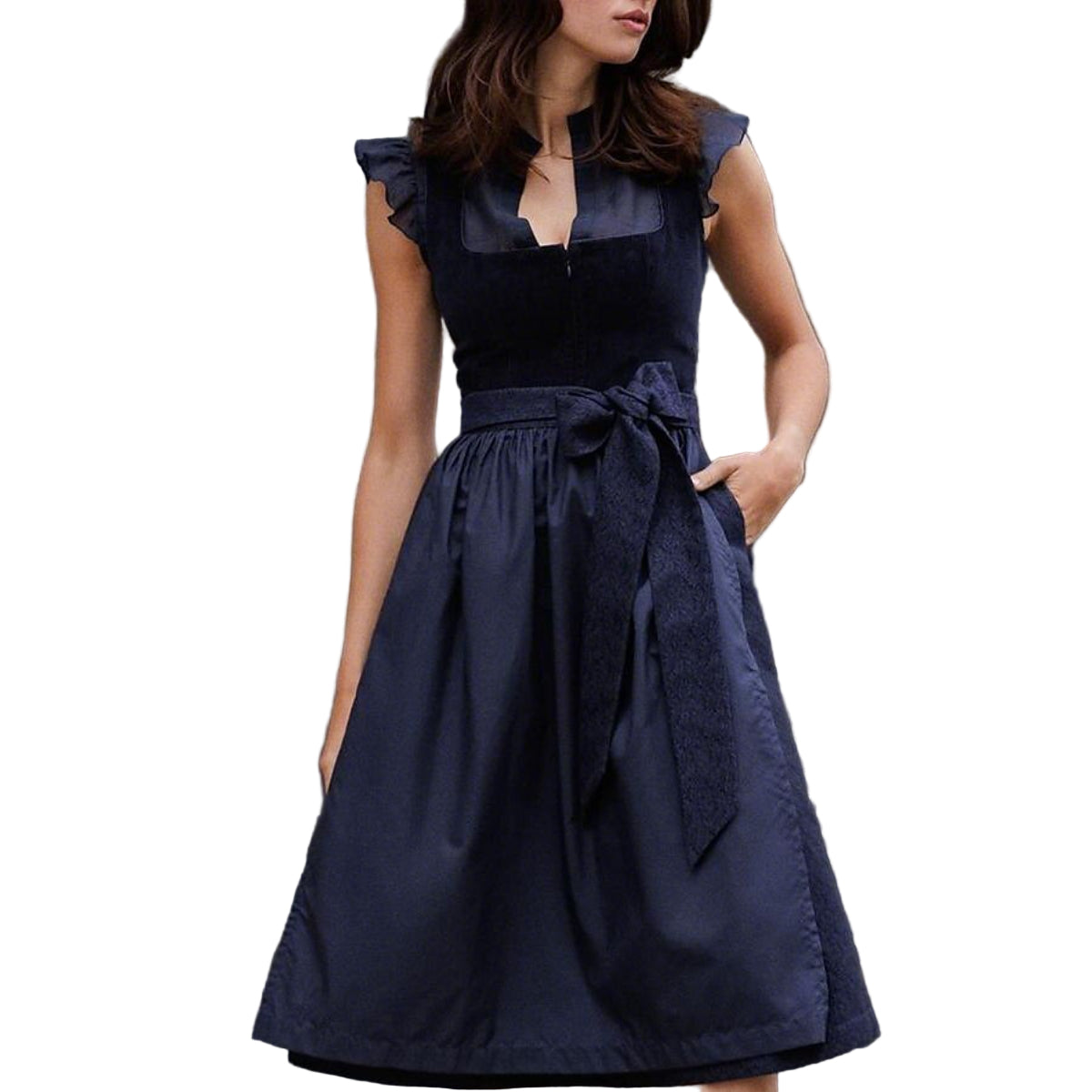 Robe Dirndl Femme Marinebleu Traditionnelle Tissu Léger avec Schürze 0