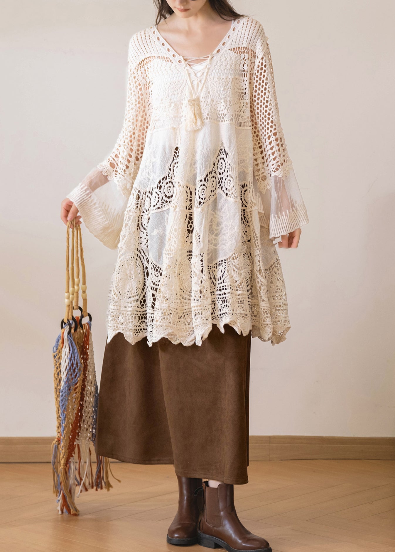Robe Femme Bohème Col V Manches Évasées Patchwork Tulle 2