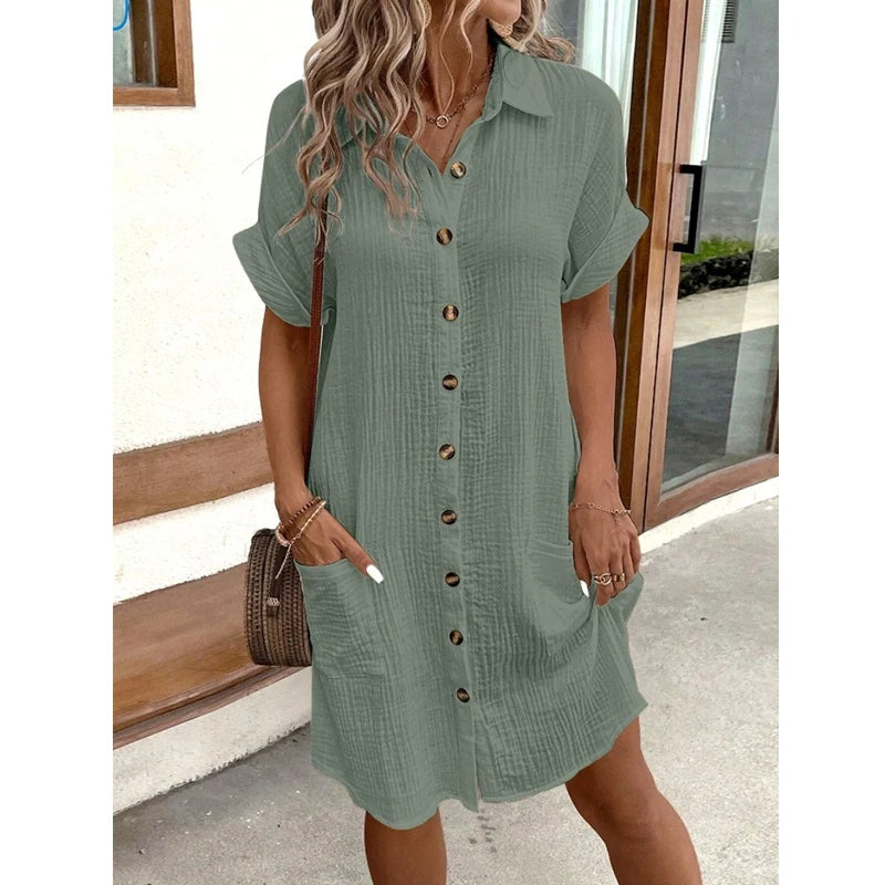 Robe Femme Chemise Ample à Manches Courtes avec Poches 1