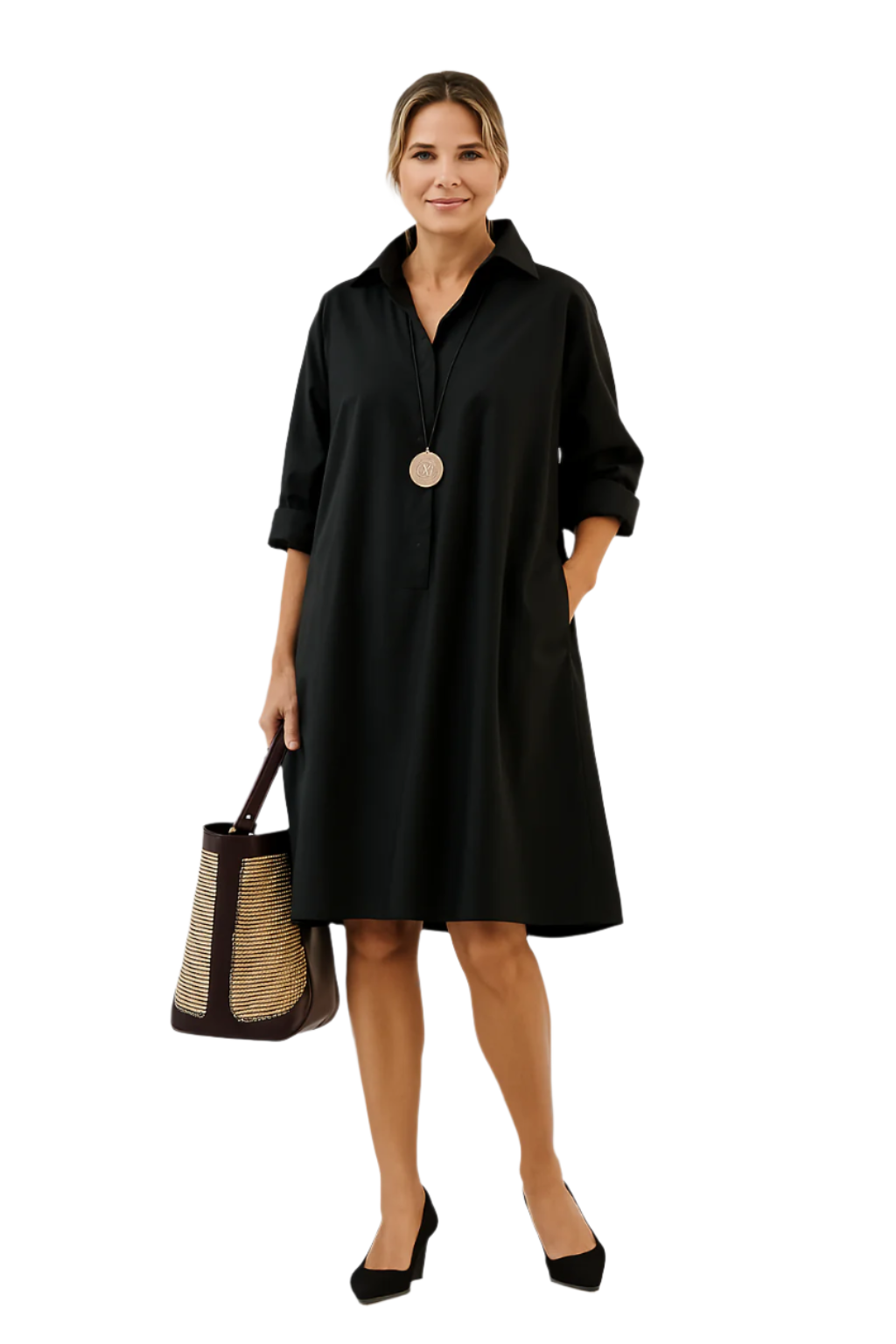 Robe Femme Chemise Oversize Coton avec Manches Retroussées et Poches 0