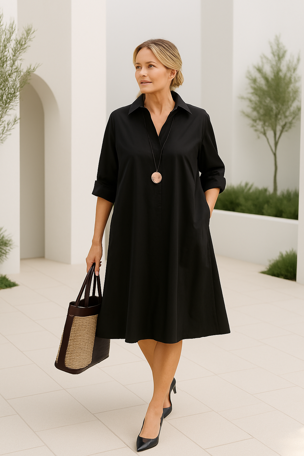 Robe Femme Chemise Oversize Coton avec Manches Retroussées et Poches 1