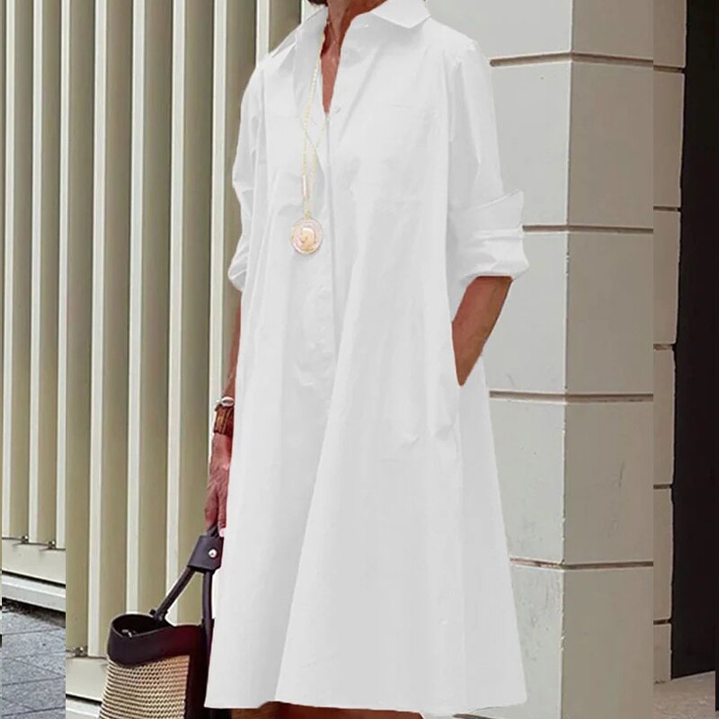 Robe Femme Chemise Oversize Coton avec Manches Retroussées et Poches 4