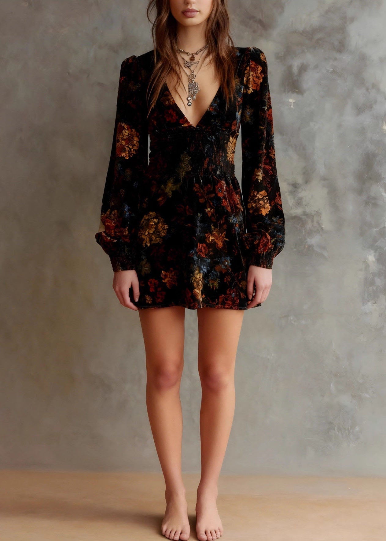 Robe Femme Courte Col en V Manches Longues Moderne 1
