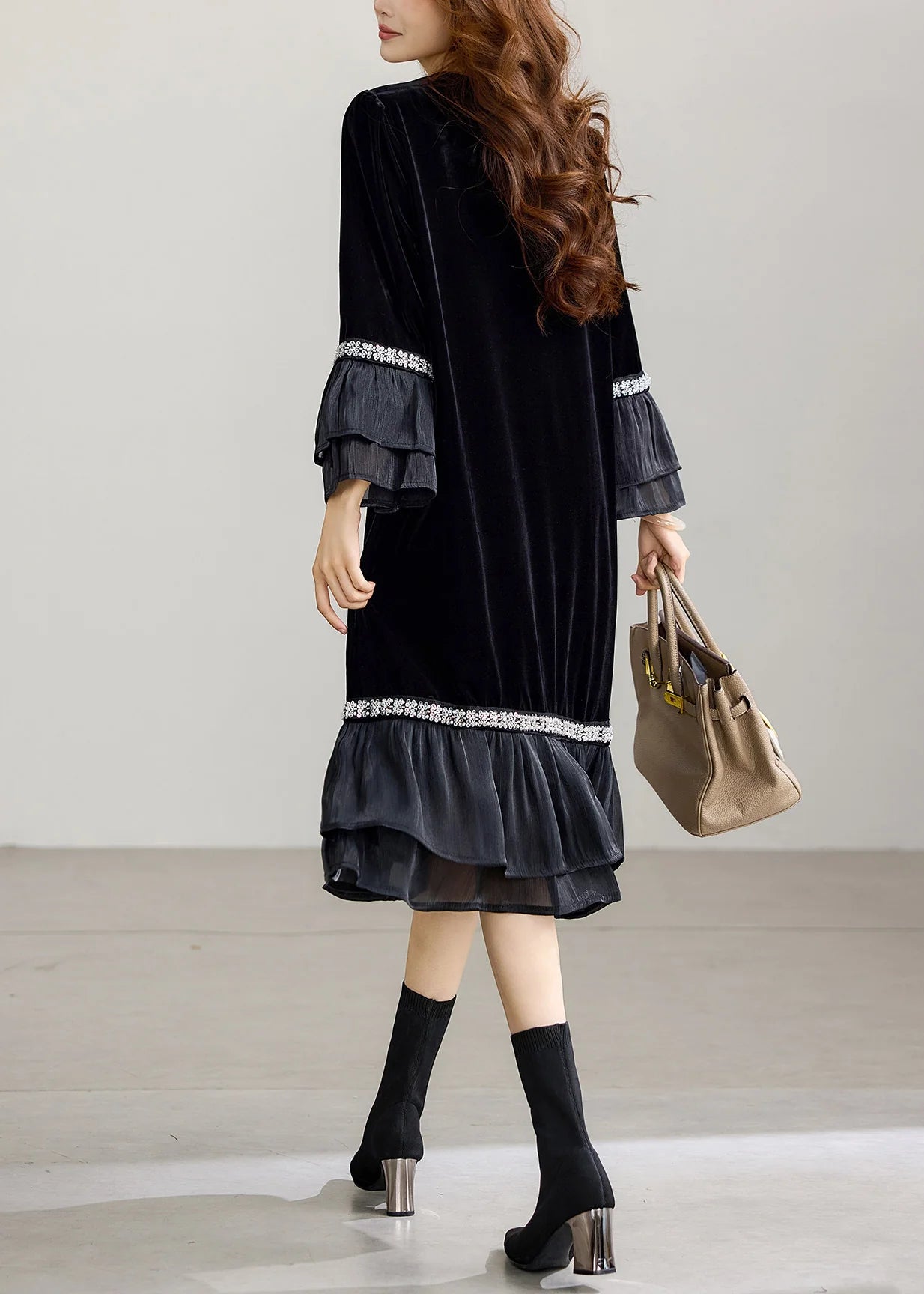 Robe Femme Décontractée à Col Rond avec Sequins et Volants Style Automne 4