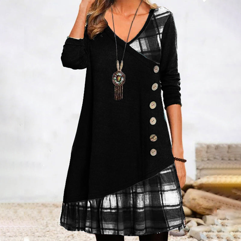 Robe Femme Longue à Motif à Carreaux Manches Longues 1