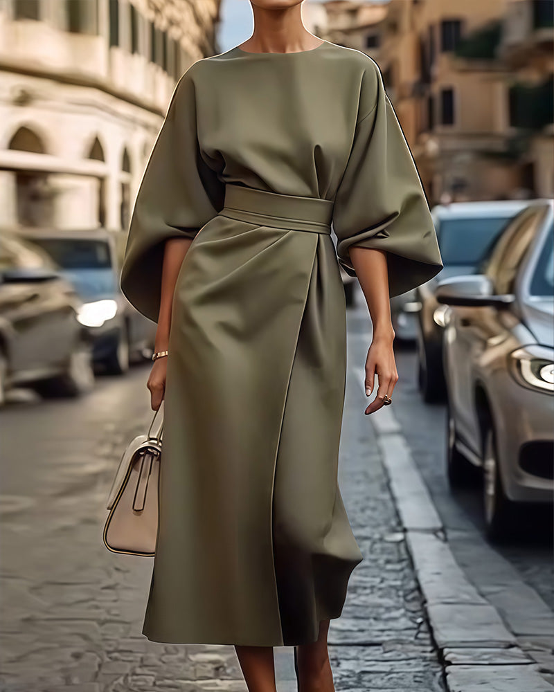 Robe Femme Longue avec Manches Lanternes et Ceinture Chic 1