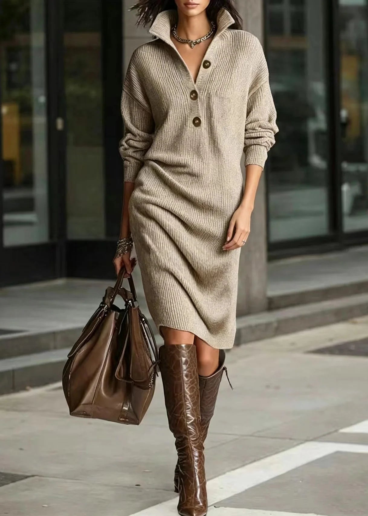 Robe Femme Maille Col Boutonné Manches Longues 1