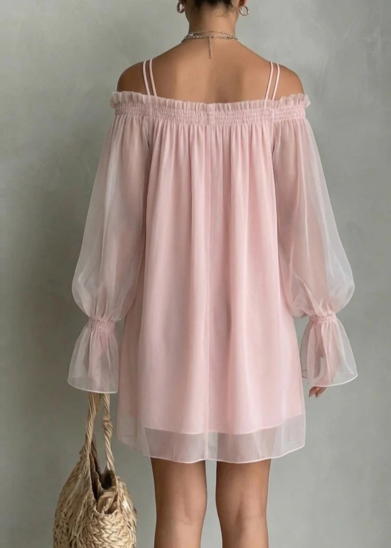 Robe Femme Patchwork Volants Épaules Dénudées Manches Longues 1