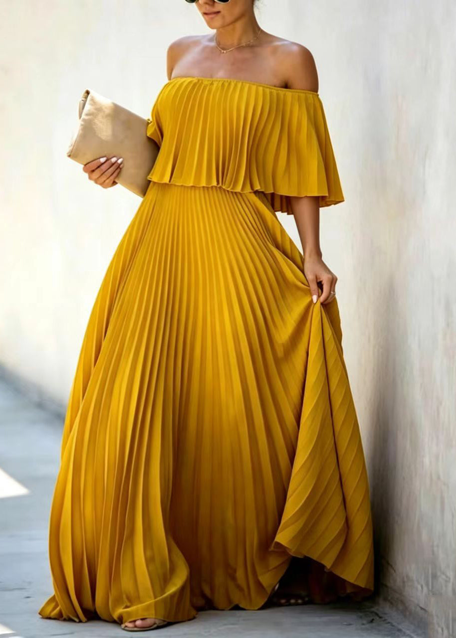 Robe Femme Plissée Col Oblique Manches Papillon Longueur Cheville 4