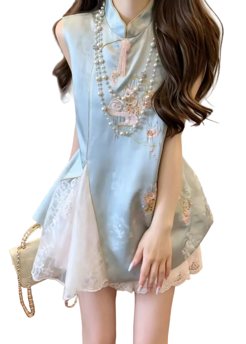Robe Femme Sans Manches Style Chinois Brodée Patchwork 0