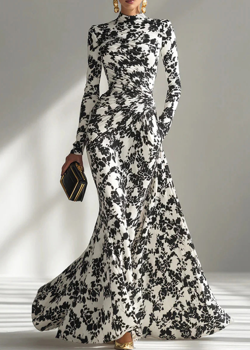 Robe Femme Style Froissé Imprimé Noir et Blanc Automne 4
